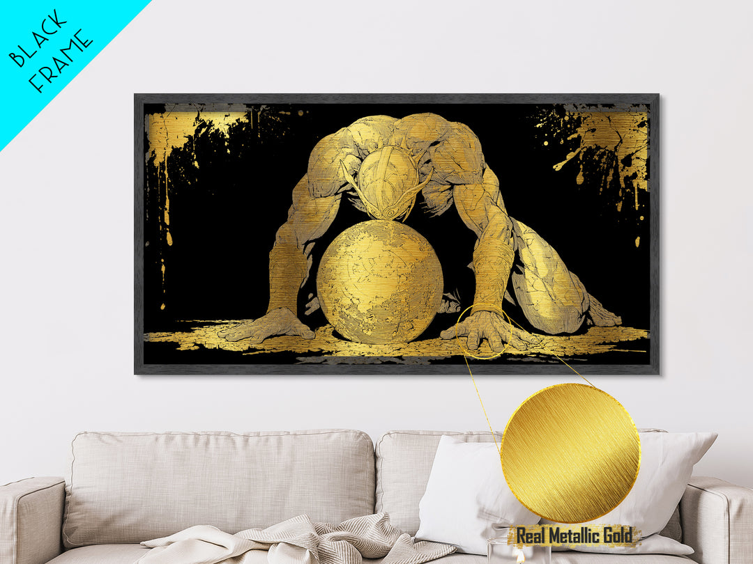 Metallic Gold Art Of Atlas Greek Titan Bearing The World, Gold Crackle Effect, Mythology Strength Scene, Panoramic Ancient Wall Print