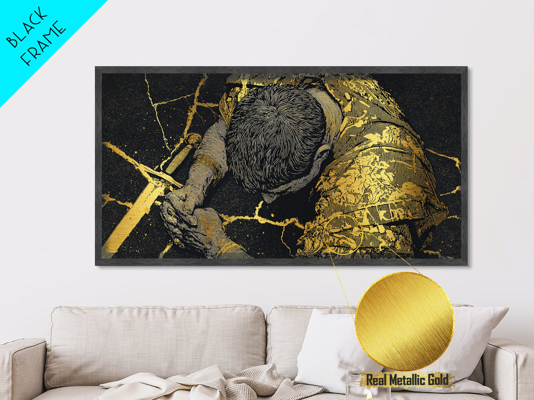Metallic Gold Metal Print Of Cassius Greek Warrior Kneeling With Sword, Gold Crackle Armor Detail, Panoramic Mythology Wall Artwork