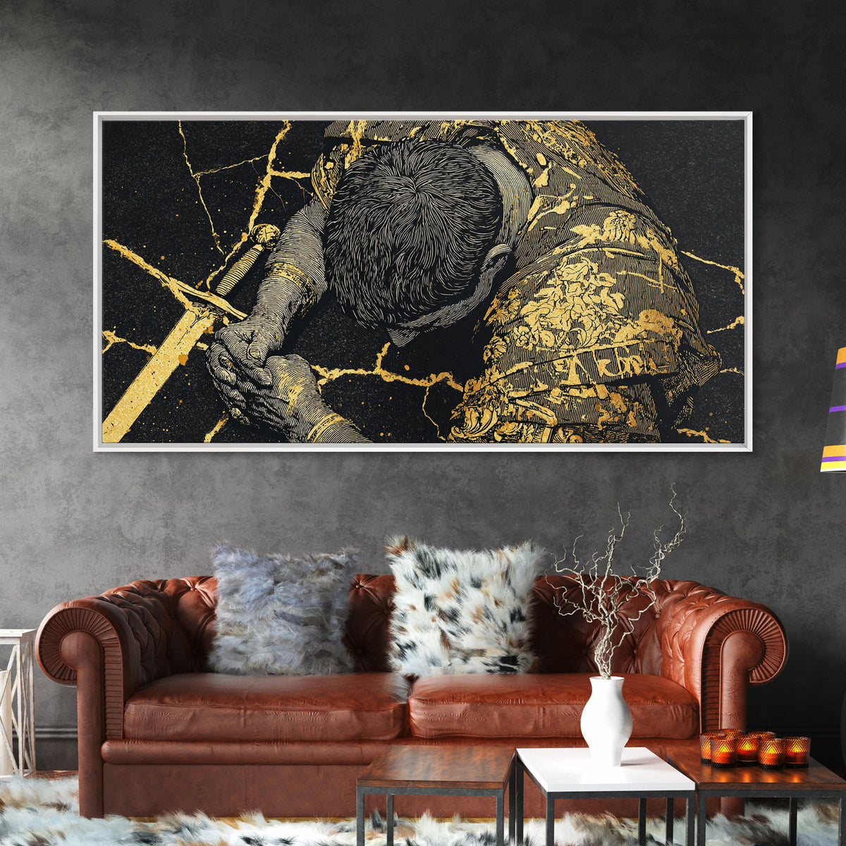 Gold Canvas Print Of Cassius Greek Warrior Kneeling With Sword, Gold Crackle Armor Detail, Panoramic Mythology Wall Artwork