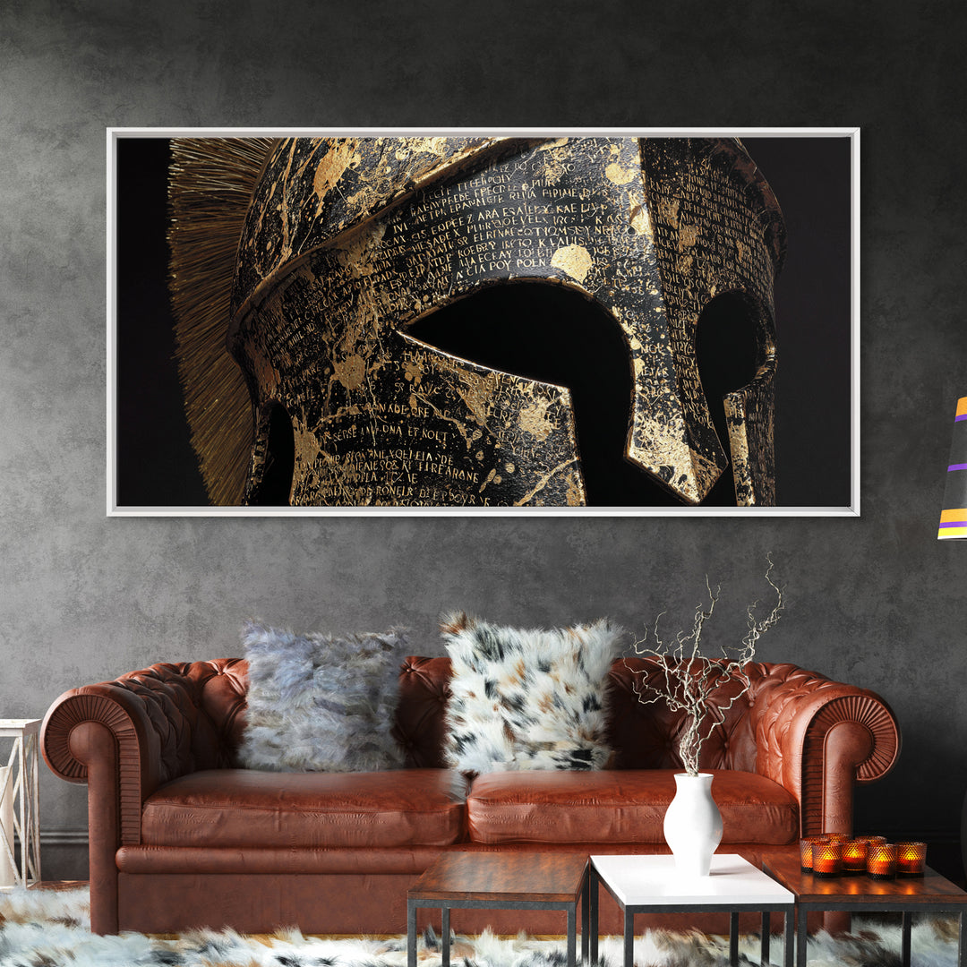 Gold Canvas Print, Corinthian Greek Helmet, Ancient Warrior Armor Wall Art, Black and Gold Historical Decor, Mythic Design
