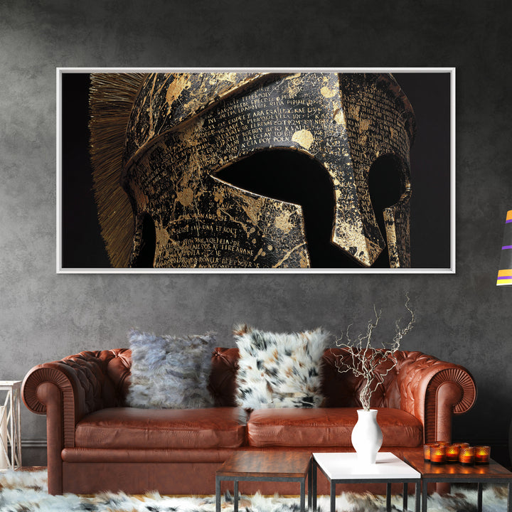 Gold Canvas Print, Corinthian Greek Helmet, Ancient Warrior Armor Wall Art, Black and Gold Historical Decor, Mythic Design