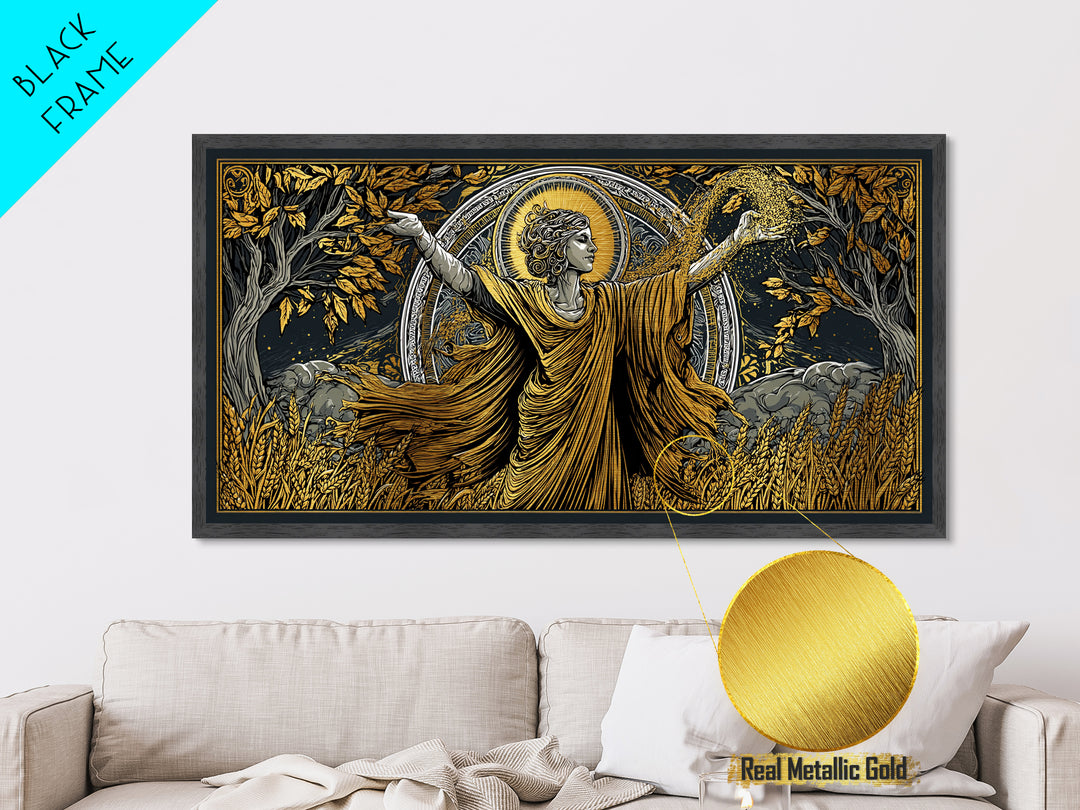 Metallic Gold Art, Demeter Goddess of Harvest, Greek Mythology Wall Decor, Ancient Agriculture Theme, Black and Gold Metal Artwork