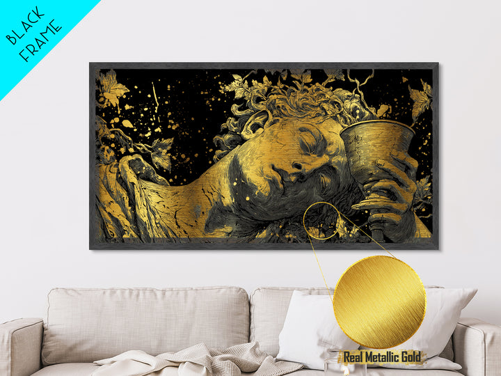 Metallic Gold Metal Print, Dionysus God of Wine, Greek Mythology Art, Ancient Feast Celebration, Black and Gold Decorative Artwork