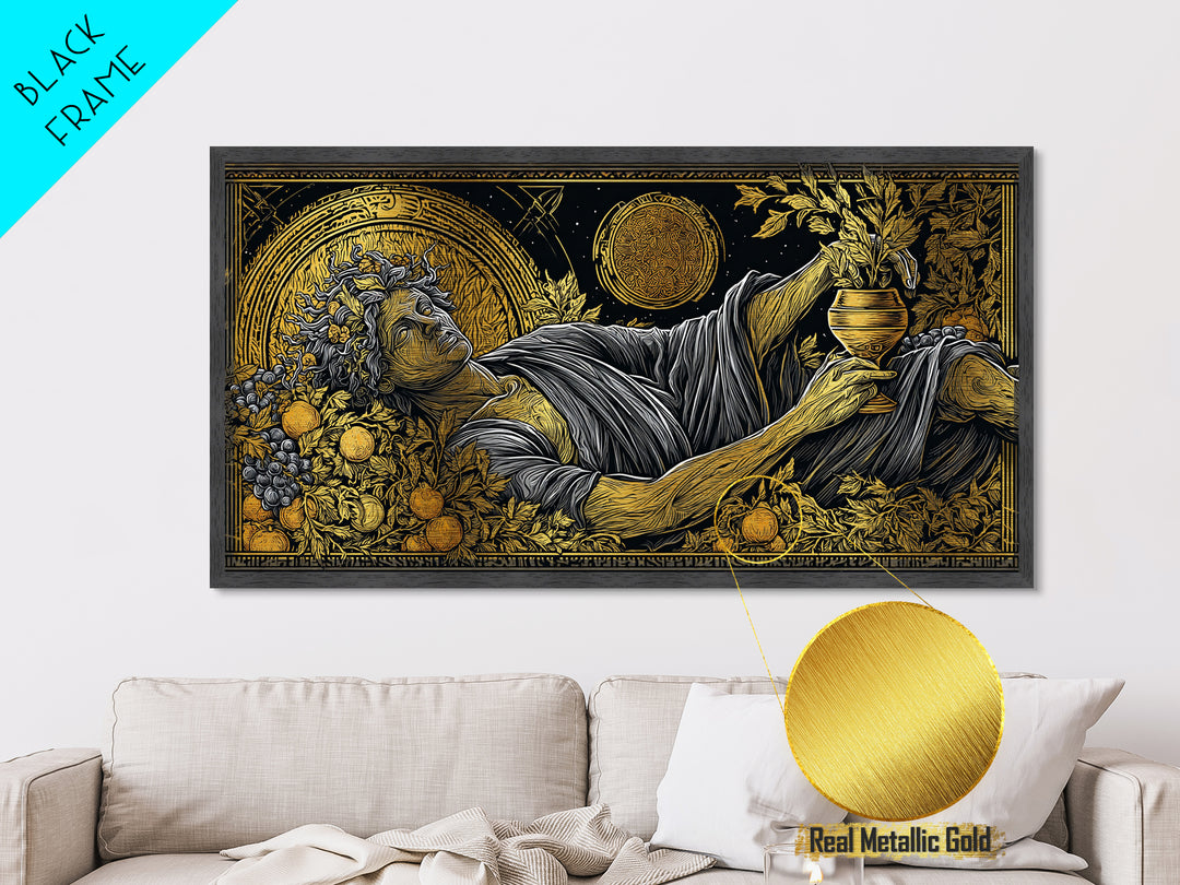 Metallic Gold Art, Dionysus God of Revelry, Greek Mythology Wall Art, Bacchus Celebration Scene, Black and Gold Luxury Metal Print