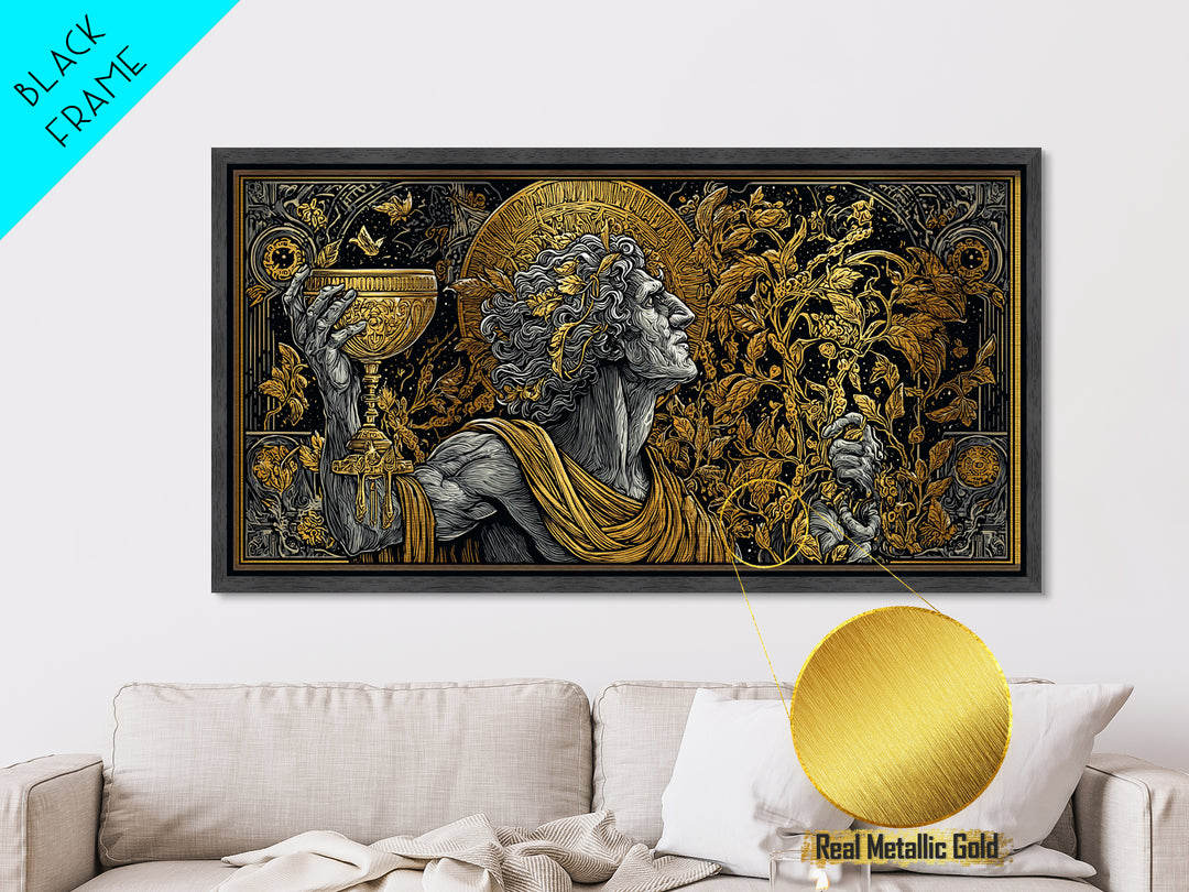 Metallic Gold Art, Dionysus God of Ecstasy, Greek Mythology Wall Scene, Bacchanalia Festival Theme, Black and Gold Metal Wall Print