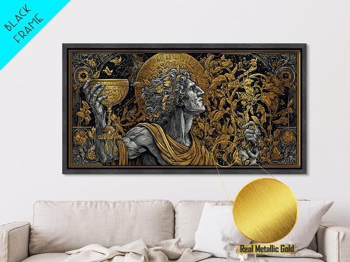 Metallic Gold Art, Dionysus God of Ecstasy, Greek Mythology Wall Scene, Bacchanalia Festival Theme, Black and Gold Metal Wall Print