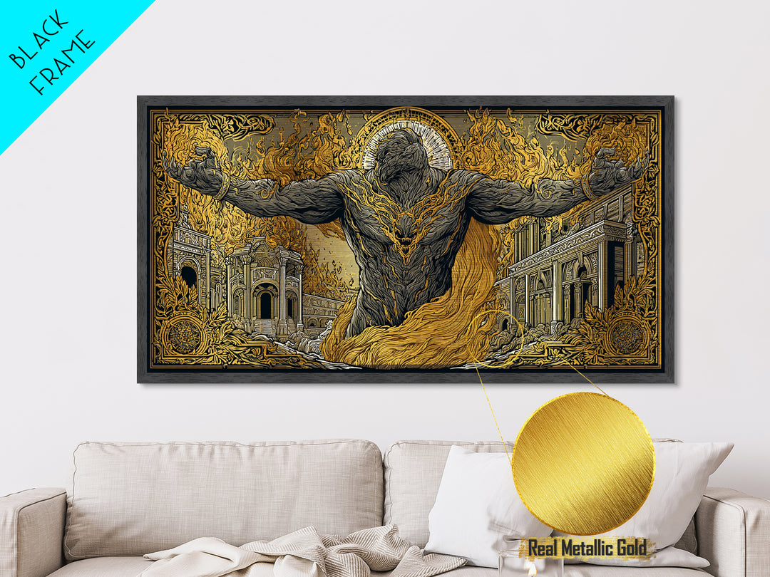 Erebus Metallic Gold Metal Print, Mythical God Artwork, Ancient Greek Wall Art, Real Wood Frame, Luxury Metal Home Decor, Gothic Style