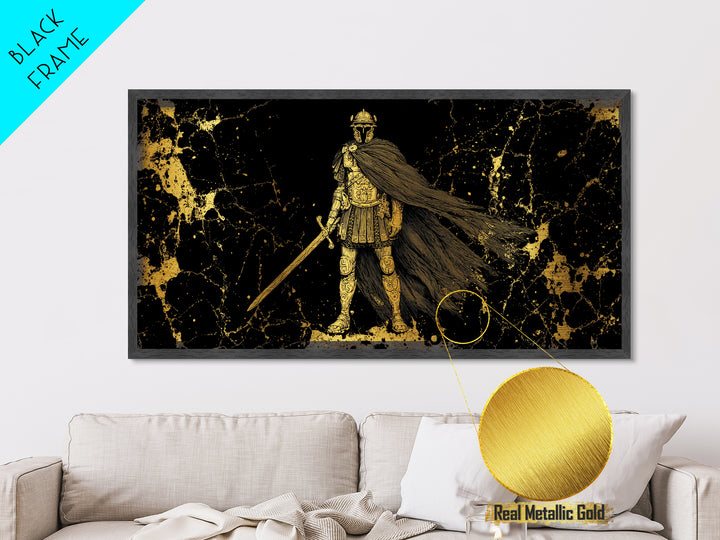 Flavius Metallic Gold Metal Print, Roman Warrior Wall Art, Ancient Soldier Decor, Real Wood Frame, Luxury Metal Artwork For Office