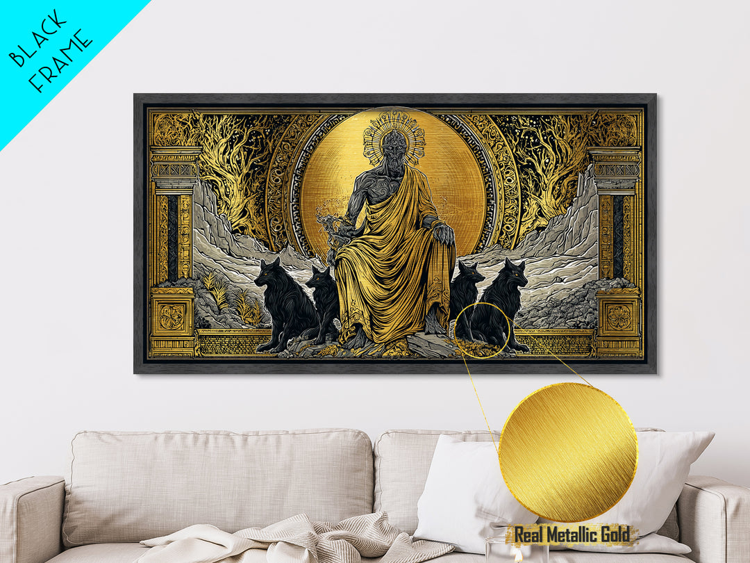 Hades Metallic Gold Metal Print, Greek God Of Underworld Wall Art, Cerberus Mythology Decor, Real Wood Frame, Luxury Metal Wall Hanging