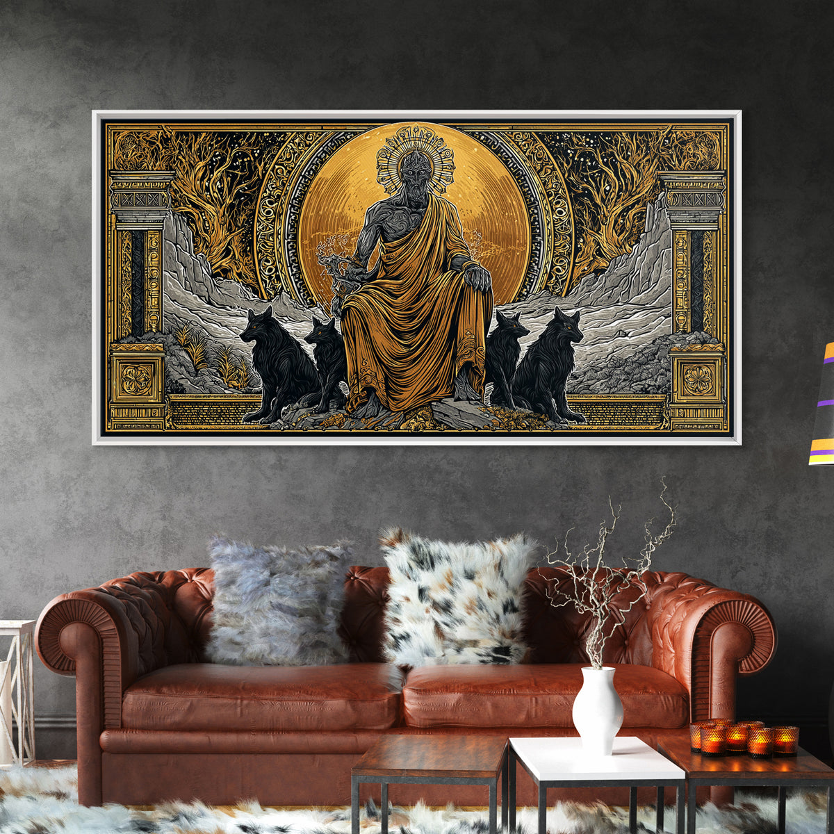 Hades Gold Canvas Print, Greek God Of Underworld Wall Art, Cerberus Mythology Decor, Real Wood Frame, Luxury Canvas Wall Hanging