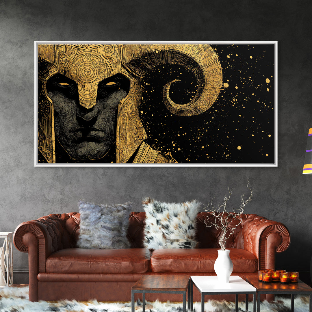 Hades Gold Canvas Art, Greek Mythology God of the Underworld, Dark Elegant Wall Decor, Mythical Warrior Artwork for Home