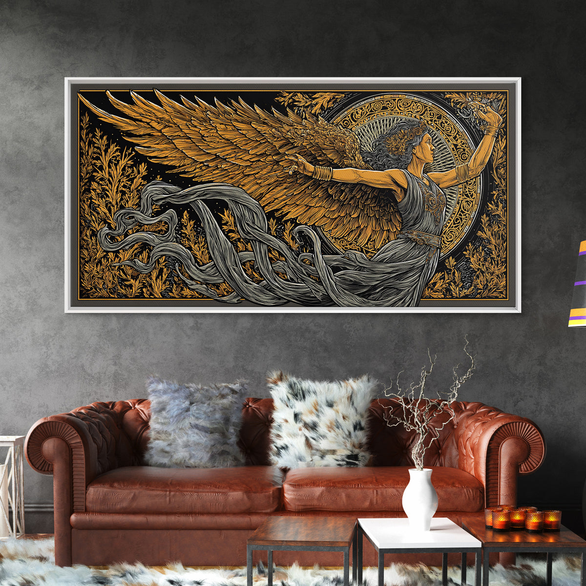 Nike Gold Canvas Print, Greek Goddess Wall Art, Luxury Mythology Decor, Real Wood Frame Artwork, Elegant Gold Winged Art