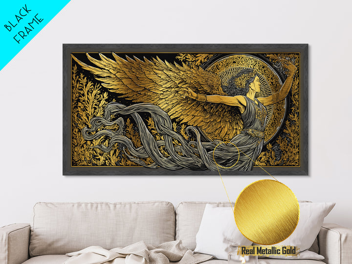 Nike Metallic Gold Metal Print, Greek Goddess Wall Art, Luxury Mythology Decor, Real Wood Frame Artwork, Elegant Gold Winged Art