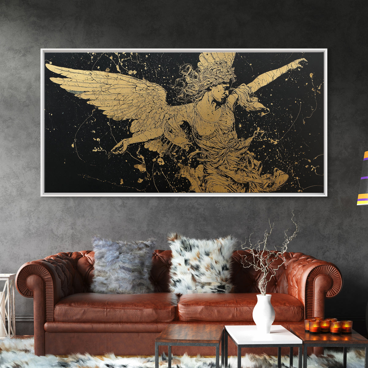 Nike Gold Canvas Art, Greek Goddess Wall Decor, Luxury Mythology Wall Hanging, Real Wood Frame Print, Gold Winged Figure Artwork