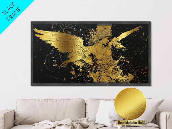 Nike Metallic Gold Art, Greek Goddess Wall Decor, Luxury Mythology Wall Hanging, Real Wood Frame Print, Gold Winged Figure Artwork