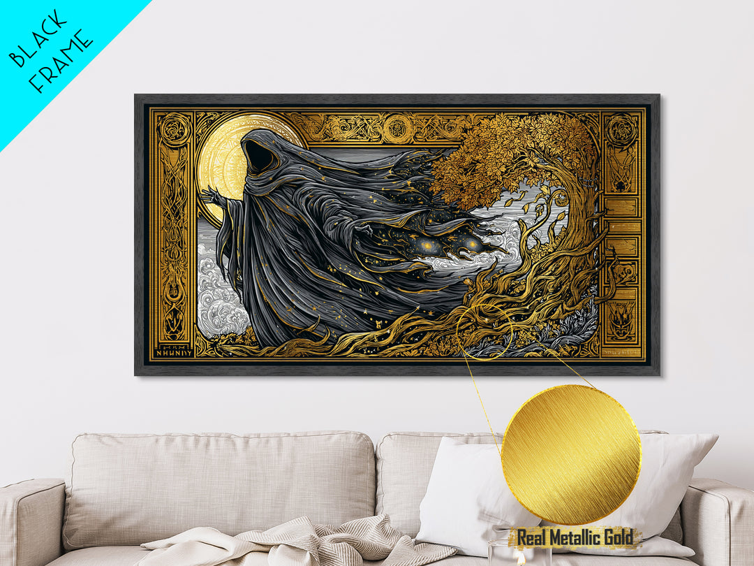 Nyx Metallic Gold Metal Print, Greek Goddess Wall Art, Luxury Mythology Decor, Real Wood Frame Artwork, Elegant Night Goddess Print