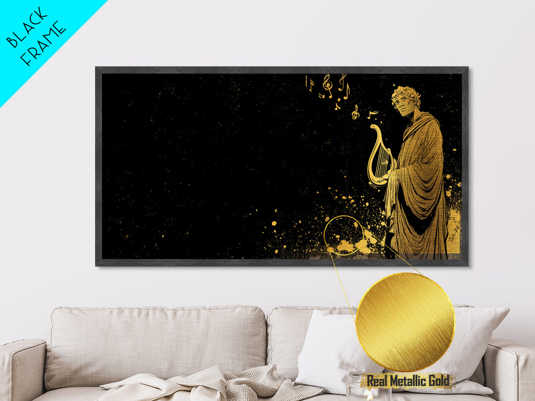 Orpheus Metallic Gold Metal Print, Greek God Wall Art, Luxury Mythology Decor, Real Wood Frame Artwork, Elegant Lyre Musician Artwork