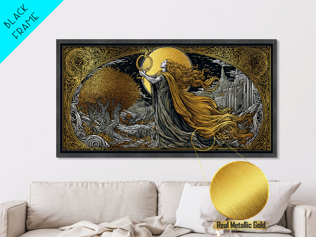 Orpheus Metallic Gold Art, Greek God Wall Decor, Luxury Mythology Wall Hanging, Real Wood Frame Print, Elegant Lyre Musician Wall Art