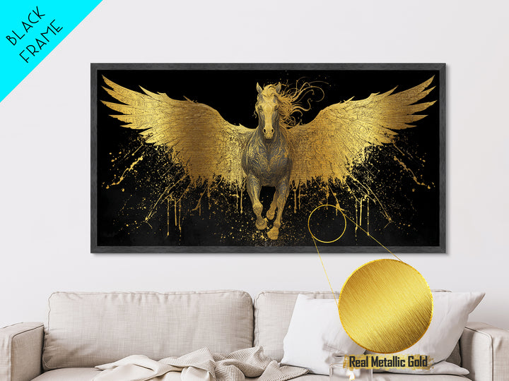 Pegasus Metallic Gold Metal Print, Greek Mythology Wall Art, Luxury Flying Horse Decor, Real Wood Frame Artwork, Elegant Winged Stallion