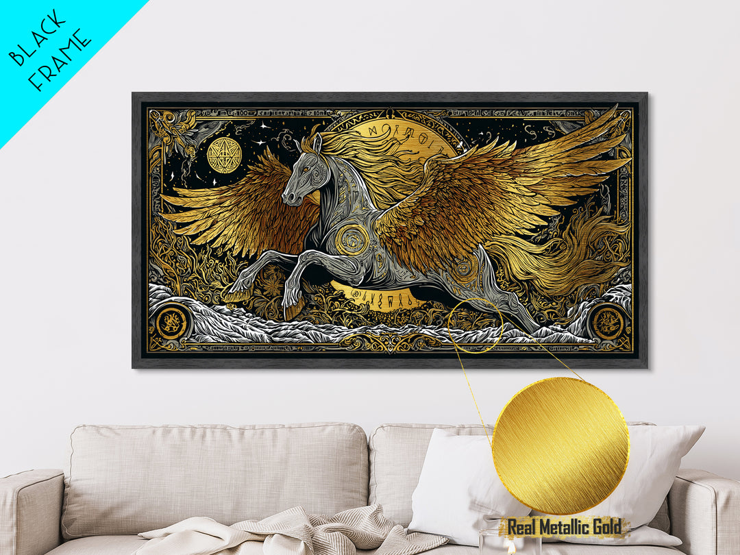 Pegasus Metallic Gold Art, Greek Mythology Wall Decor, Luxury Flying Horse Wall Hanging, Real Wood Frame Print, Elegant Winged Stallion