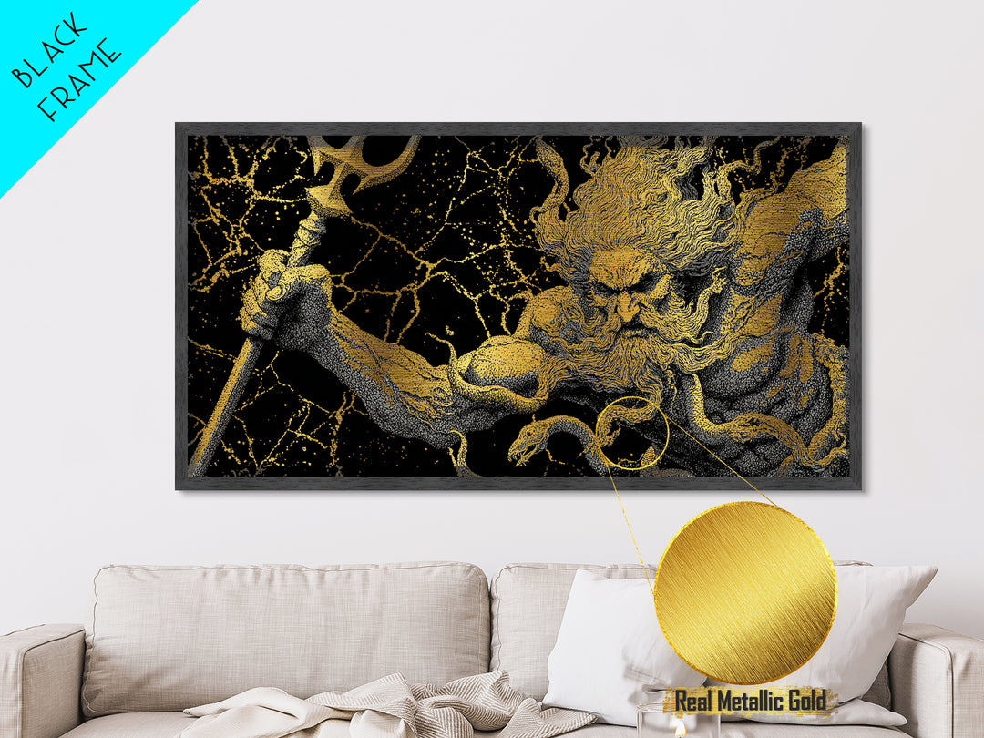 Poseidon Greek God Of The Sea Metallic Gold Metal Print, Mythology Wall Art, Real Wood Frame, Ocean Decor, Nautical Gift