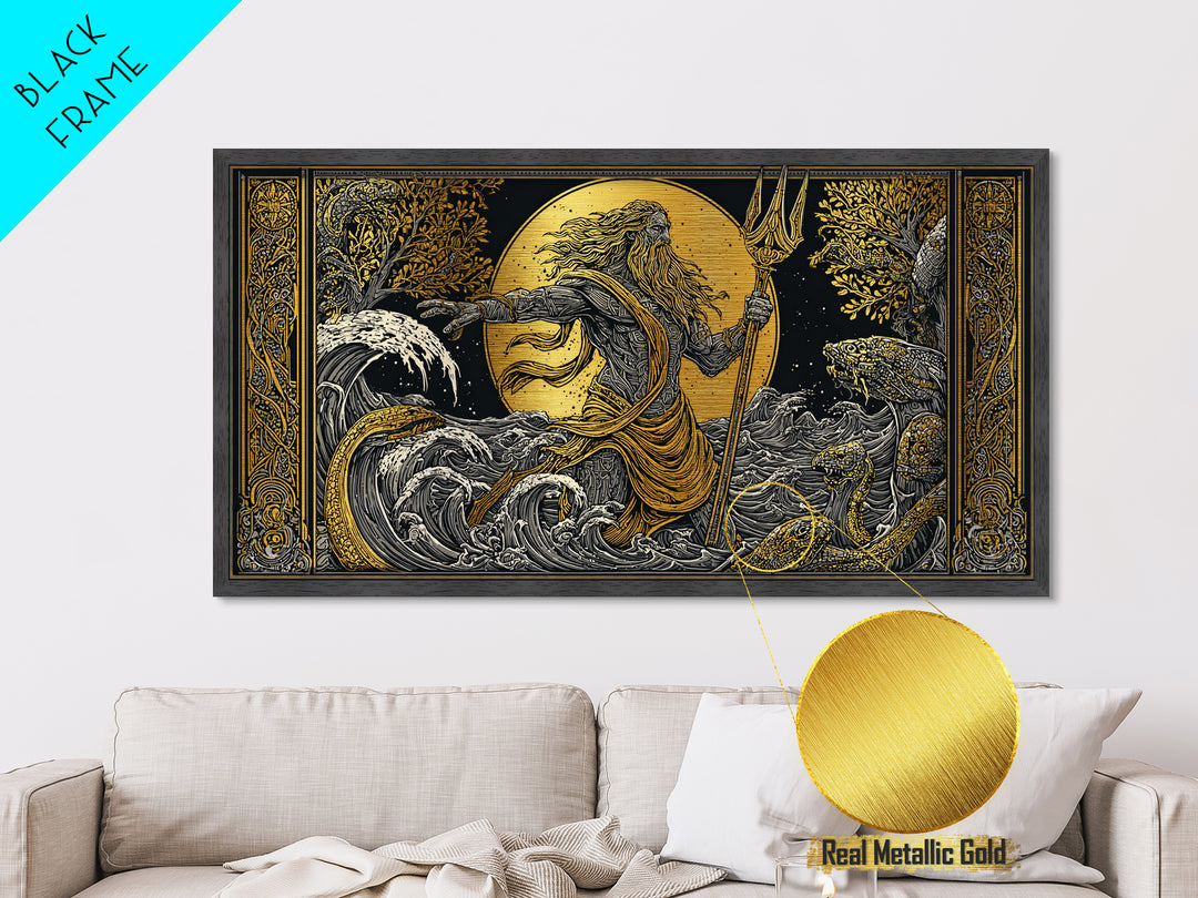 Poseidon Ocean Power Metallic Gold Art, Greek God Metal Print, Sea Mythology Wall Decor, Real Wood Frame, Coastal Gift