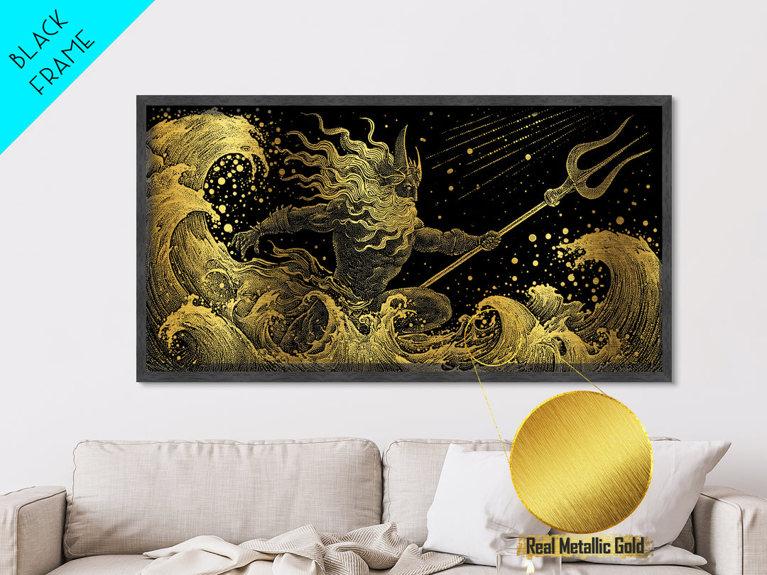 Poseidon Sea Serpent Battle Metallic Gold Metal Print, Greek Mythology Wall Art, Real Wood Frame, Ocean Lover Gift