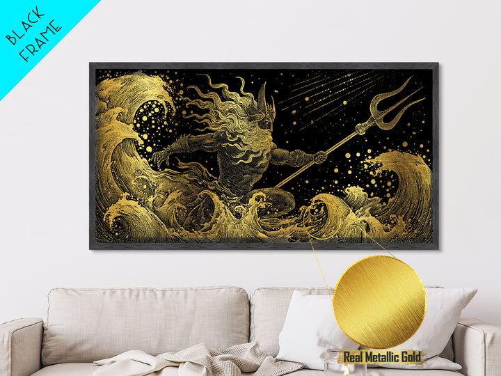 Poseidon Sea Serpent Battle Metallic Gold Metal Print, Greek Mythology Wall Art, Real Wood Frame, Ocean Lover Gift