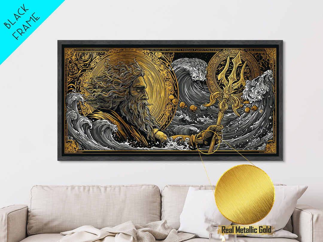 Poseidon Ocean Waves Metallic Gold Art, Greek God Metal Print, Sea Mythology Wall Decor, Real Wood Frame, Nautical Gift