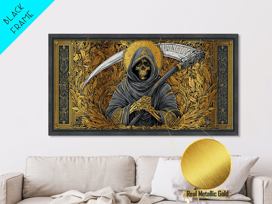 Thanatos Metallic Gold Metal Print, Real Wood Framed Greek Myth Wall Art, Grim Reaper Death Figure Decorative Metal Artwork