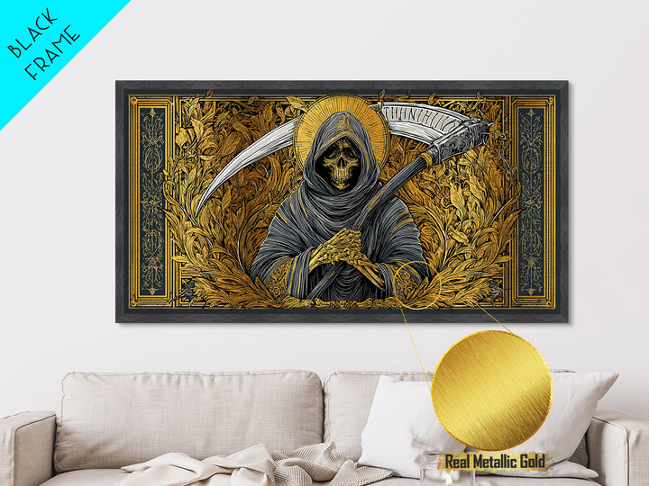 Thanatos Metallic Gold Metal Print, Real Wood Framed Greek Myth Wall Art, Grim Reaper Death Figure Decorative Metal Artwork