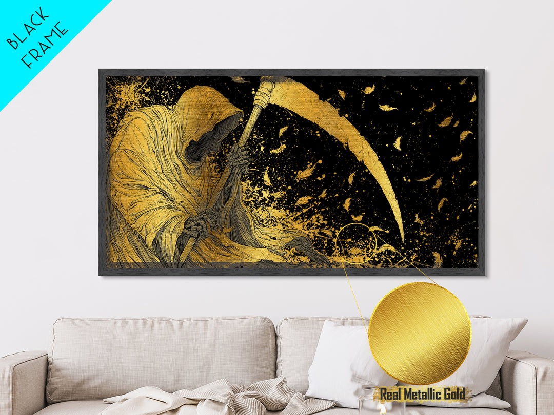 Thanatos Metallic Gold Metal Print, Real Wood Framed Greek Myth Wall Decor, Death Scythe Dark Art Luxury Metal Wall Artwork