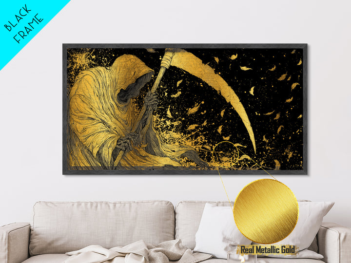Thanatos Metallic Gold Metal Print, Real Wood Framed Greek Myth Wall Decor, Death Scythe Dark Art Luxury Metal Wall Artwork