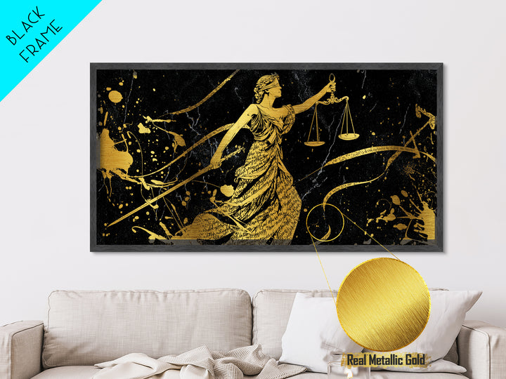 Themis Metallic Gold Metal Print, Real Wood Framed Greek Justice Wall Art, Scales Of Justice Mythology Inspired Metal Artwork
