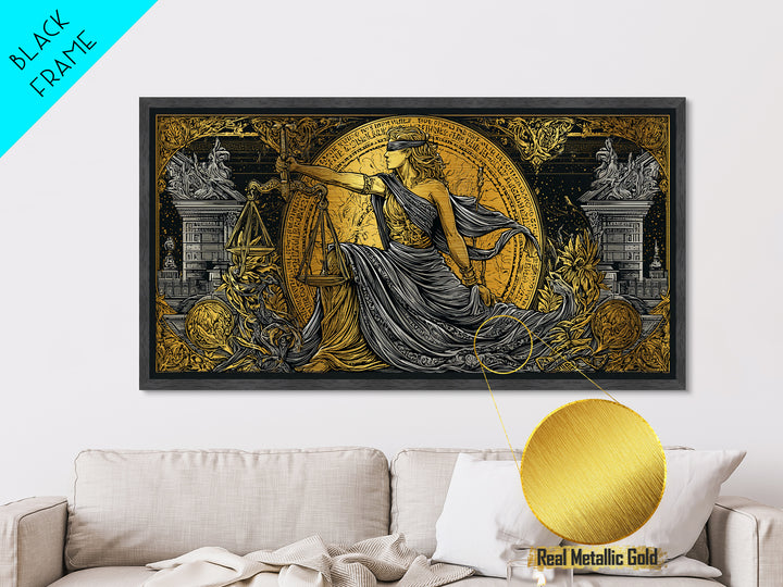 Themis Metallic Gold Metal Print, Real Wood Framed Greek Justice Wall Decor, Blindfolded Lady With Scales Metal Wall Artwork