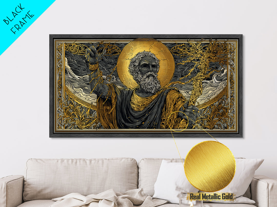 Zeus Metallic Gold Metal Print, Real Wood Framed Greek God Of Thunder Wall Art, Lightning Bolt Mythology Decorative Metal Artwork
