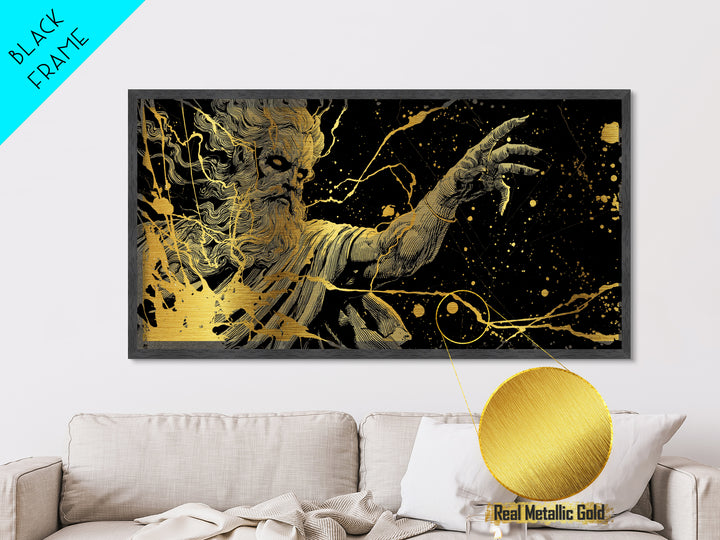 Zeus Metallic Gold Metal Print, Real Wood Framed Greek Myth Wall Art, Lightning And Storm Luxury Decorative Metal Artwork
