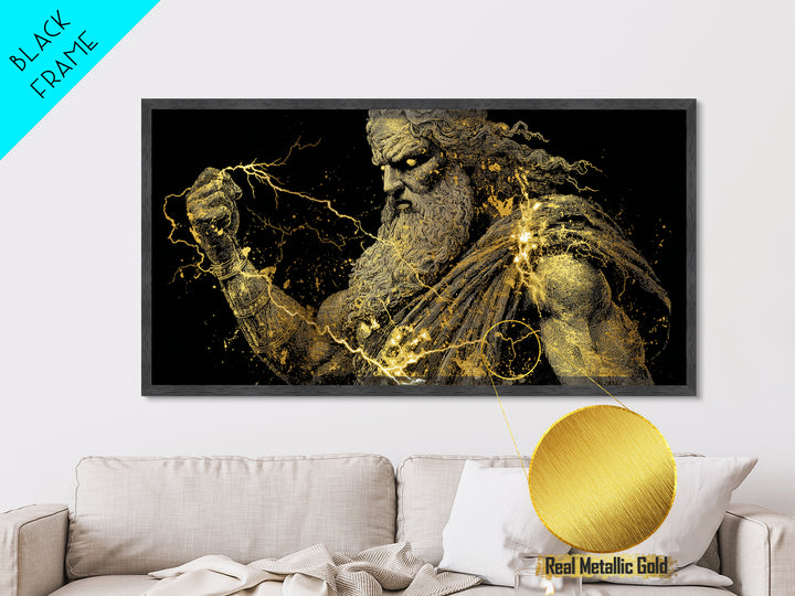 Zeus Metallic Gold Metal Print, Real Wood Framed Greek Mythology Wall Art, Crowned Figure With Flowing Hair Decorative Artwork