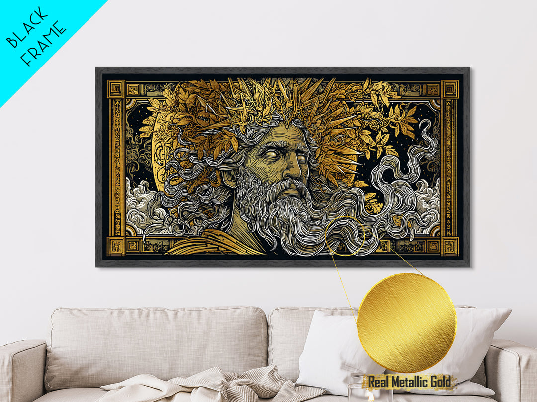 Zeus Metallic Gold Metal Print, Real Wood Framed Greek Mythology Wall Decor, Bearded Figure With Lightning Bolt Metal Artwork