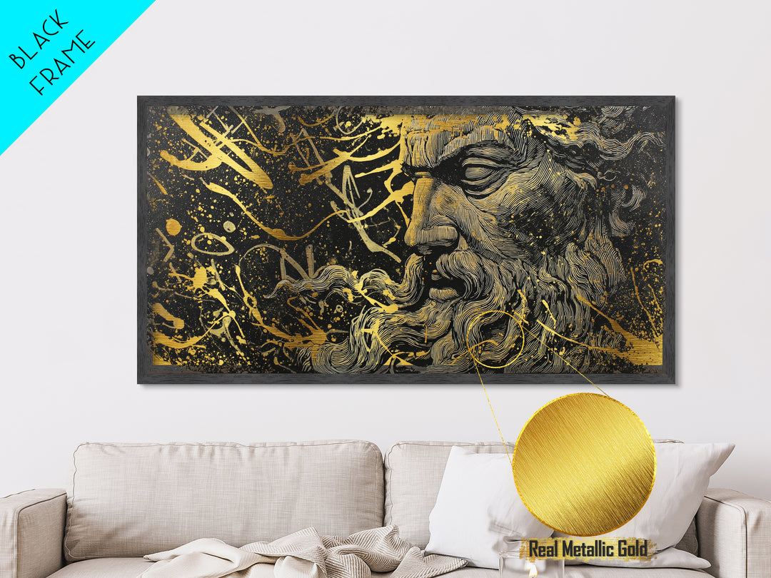 Zeus Metallic Gold Metal Print, Real Wood Framed Greek God Wall Art, Mythological Bearded Portrait Luxury Decorative Artwork