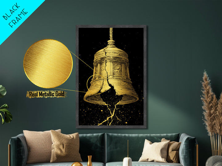 Golden Cracked Bell – Metallic Gold Metal Print – Ancient Greek Inspired Wall Art with Real Wood Frame for Classical Decor
