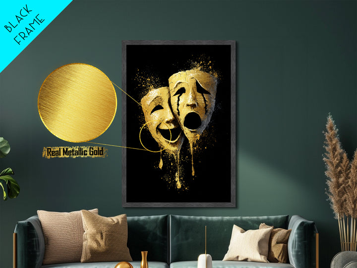 Melting Comedy and Tragedy Masks Metallic Gold Metal Print – Emotional Theater Wall Art with Real Wood Frame