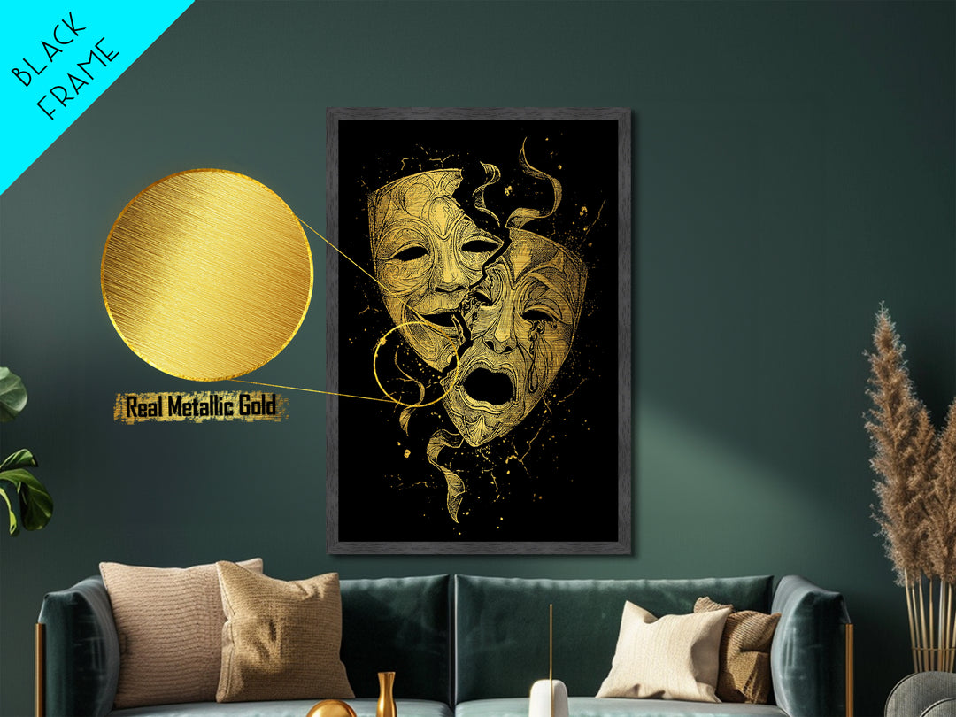 Broken Comedy and Tragedy Masks Metallic Gold Metal Print – Dramatic Greek Theater Wall Art with Real Wood Frame