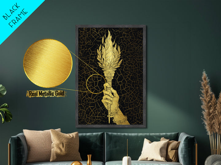 Olympic Flame Hand Holding Torch Metallic Gold Metal Print – Classical Greek Inspired Wall Art with Real Wood Frame