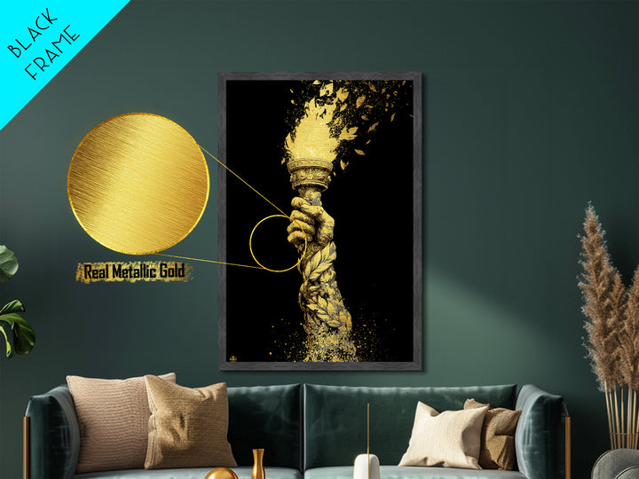 Flaming Laurel Torch Metallic Gold Metal Print – Ancient Greek Victory Symbol Wall Art with Real Wood Frame