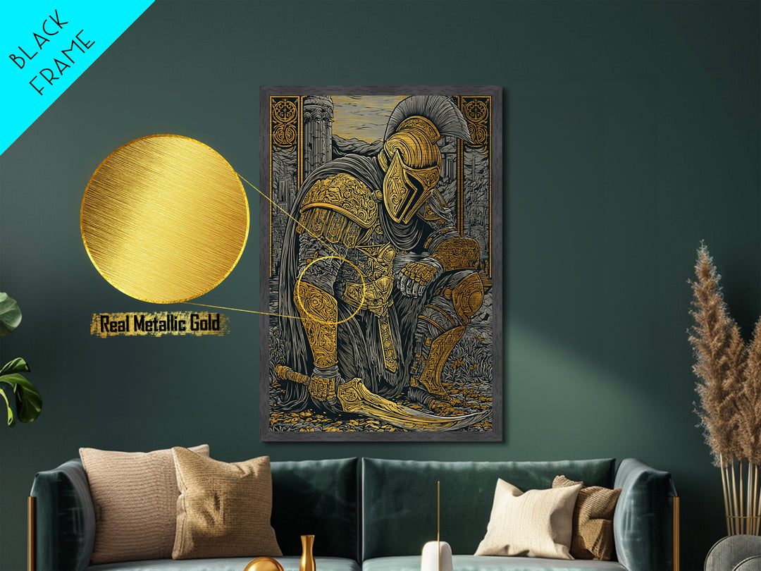 Kneeling Spartan Warrior Metallic Gold Metal Print – Ancient Greek Hoplite Wall Art with Real Wood Frame