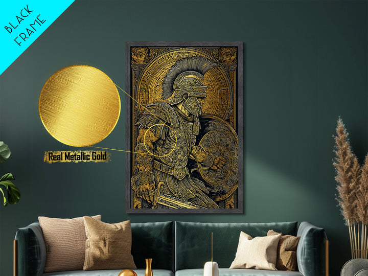 Charging Spartan Warrior Metallic Gold Metal Print – Ancient Greek Hoplite Wall Art with Real Wood Frame
