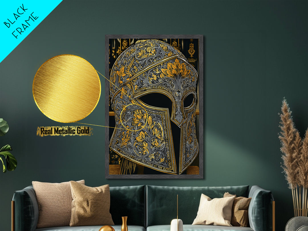 Floral Spartan Helmet with Golden Leaf Engraving – Metallic Gold Art, Real Wood Framed Metal Art, Classic Warrior Helmet Wall Decor