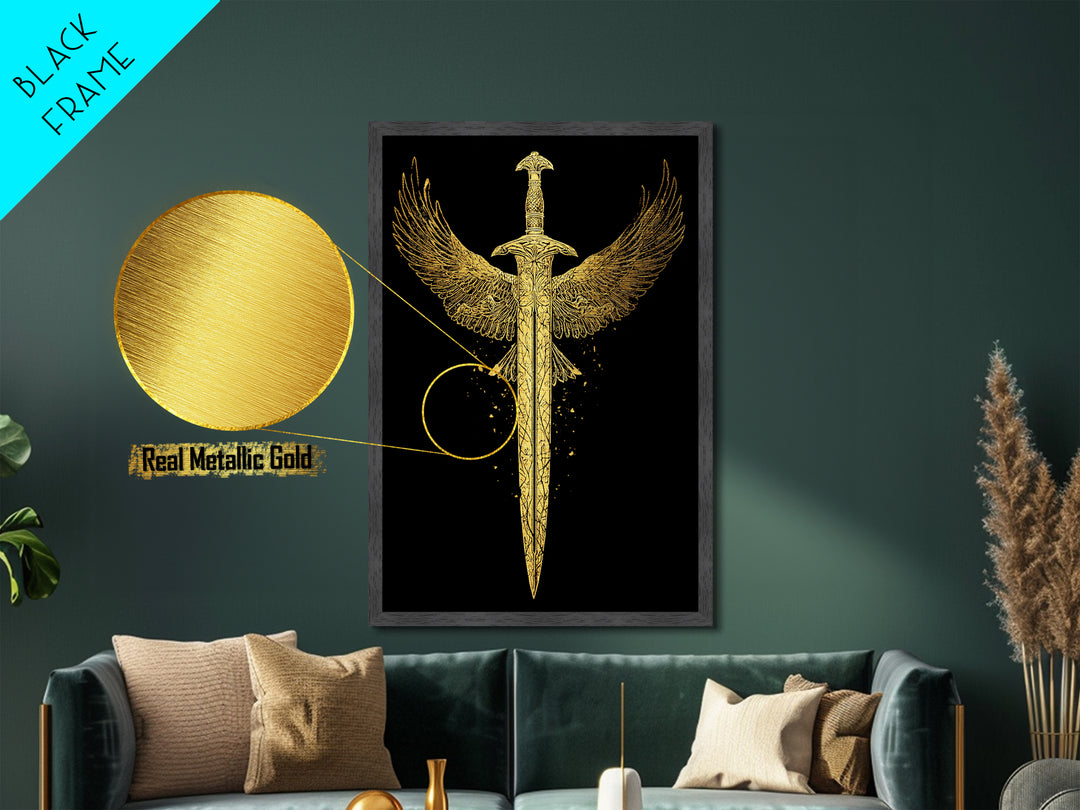 Winged Sword Metallic Gold Metal Print – Mythical Fantasy Weapon Wall Art with Real Wood Frame for Home Decor