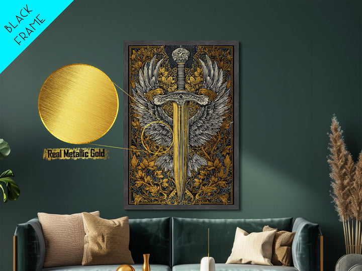 Winged Sword Metallic Gold Metal Print – Intricate Medieval Blade with Angel Wings Design, Real Wood Frame Wall Art